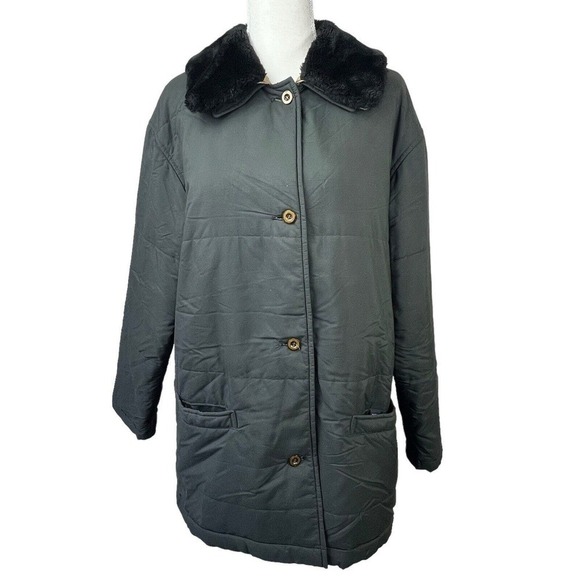 Burberrys of London Black Quilted Jacket Size M Faux Fur Collar - Picture 1 of 16